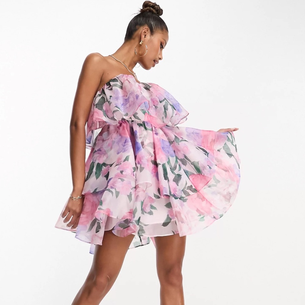 ASOS LUXE chiffon bandeau tiered mini dress in floral print
